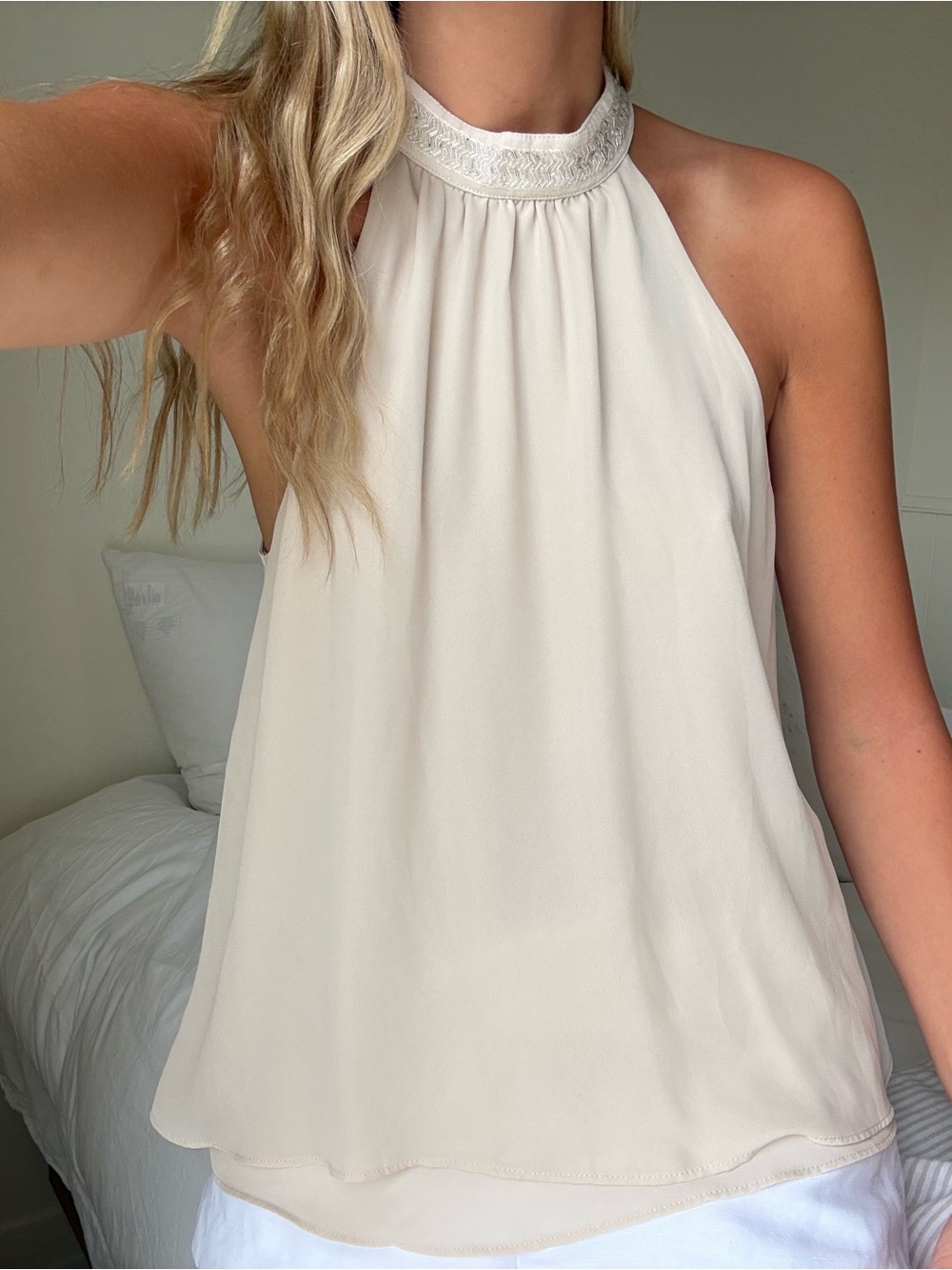 vintage 90's y2k beaded Halter Neck Cream Sleeveless Top